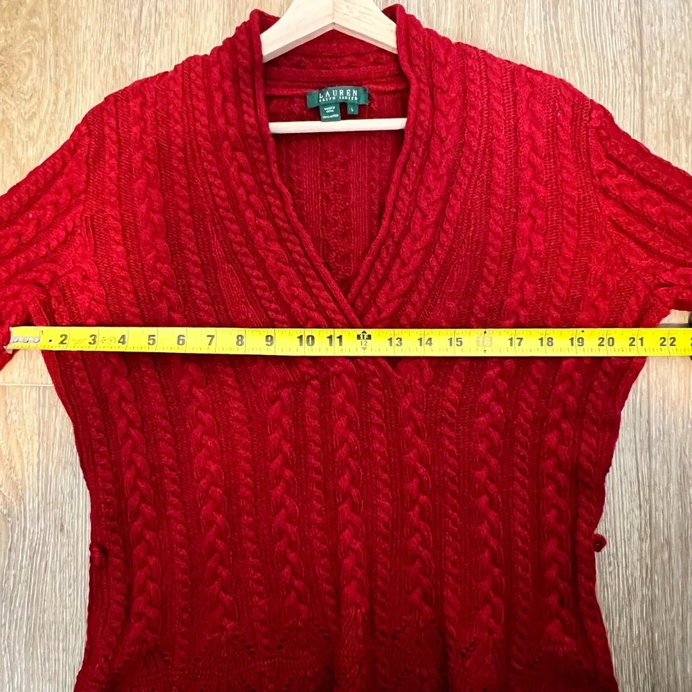Lauren Ralph Lauren Red Cable Knit V Neck Sweater Bell Sleeve Size‎ L